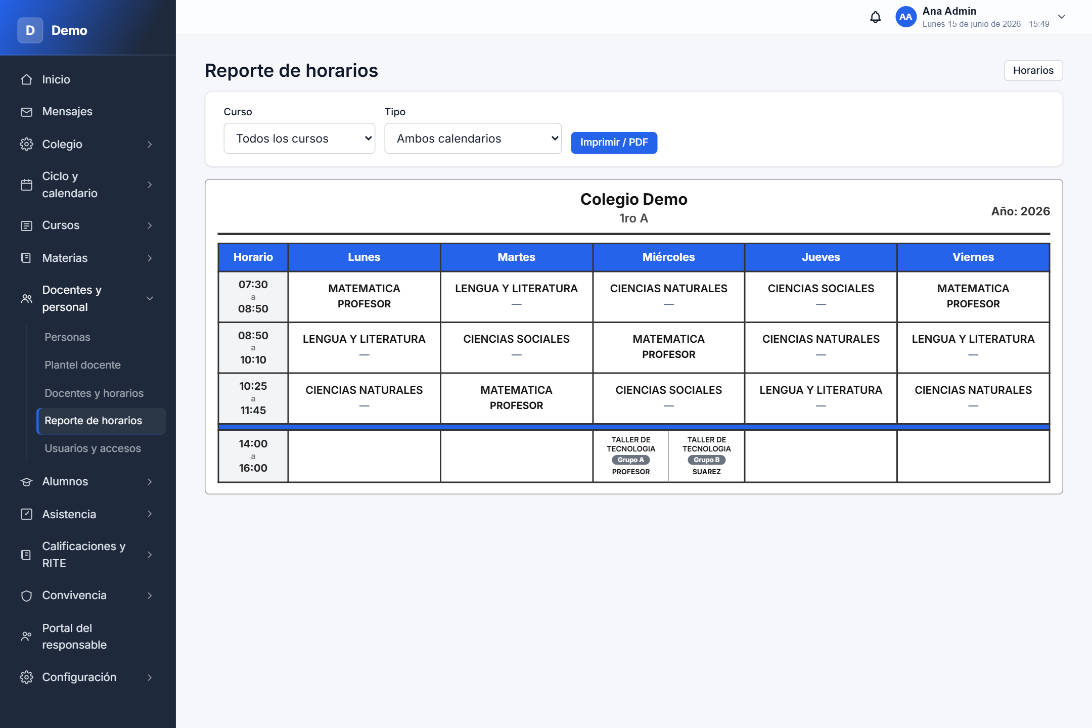 Reporte de horarios