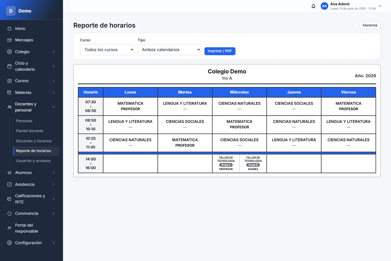 Reporte de horarios